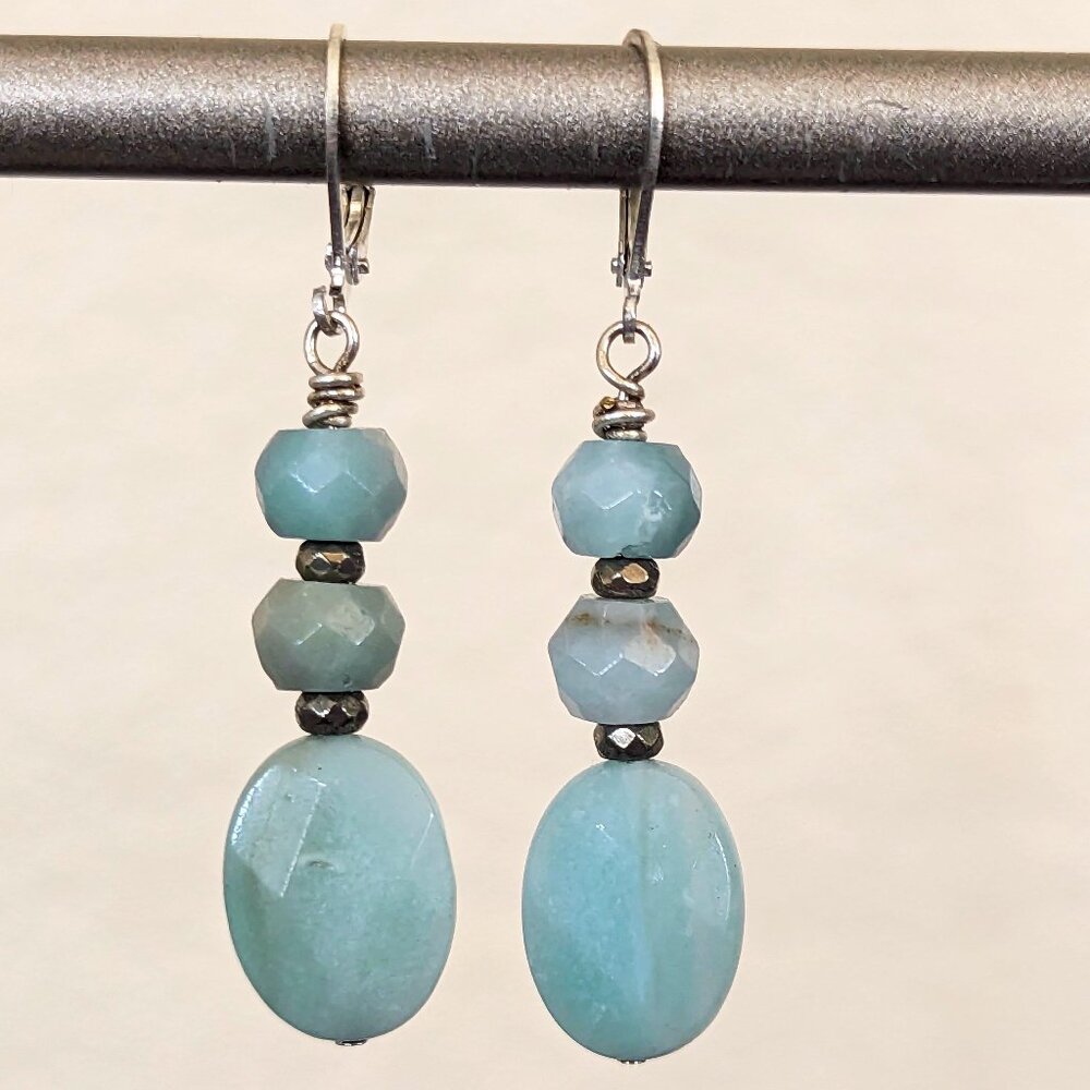 Southwestern Sterling Silver Light Blue Amazonite & Pyrite Drop Earrings